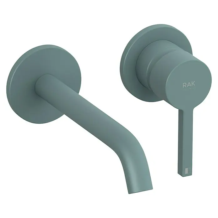 RAK Ceramics Feeling Waschtischarmatur - Teal Blue, Matt, Pulverbeschichtet, Ausladung Armatur: 180 mm - Nahaufnahme einer eleganten RAK-Keramikarmatur in sanftem Grün, die modernes Design und hochwertige Verarbeitung vereint.