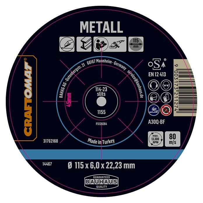 Craftomat Rezna ploča za metal A30Q-BF  (Prikladno za: Metal, Promjer rezne ploče: 115 mm, Debljina plohe: 6 mm) | BAUHAUS