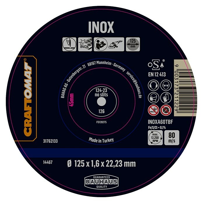 Craftomat Doorslijpschijf INOXA60TBF (Geschikt voor: Roestvrij staal, Dikte plaat: 1,6 mm, Max. toerental: 12.200 tpm) | BAUHAUS