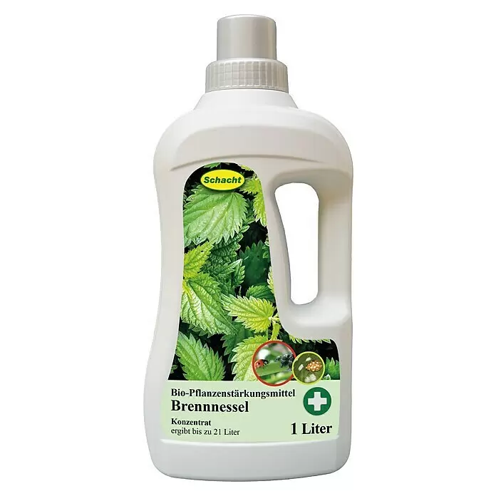 Schacht Pflanzenstärkungsmittel Brennessel - 1 l - Weiße Plastikflasche Schacht Bio-Brennnessel Pflanzenstärkungsmittel, 1 Liter Konzentrat für 21 Liter, mit grünem Etikett mit Brennnesseln, Marienkäfer und Blattläuse.