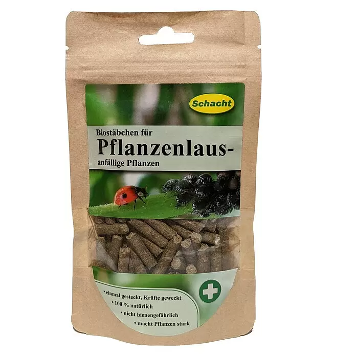 Schacht Pflanzenstärkungsmittel Biostäbchen - 50 g - Brauner Kraftpapierbeutel mit Schacht Biostäbchen für pflanzenlausanfällige Pflanzen, Inhalt sichtbar.