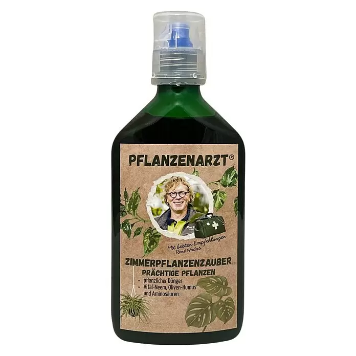 Schacht Pflanzenarzt Zimmerpflanzendünger Zimmerpflanzenzauber - 420 g, 350 ml - Dunkelgrüne Pflanzenpflegemittelflasche mit braunem Etikett, das einen lächelnden Mann, Pflanzen und deutschen Text zeigt. Mit transparentem Deckel und blauer Düse.