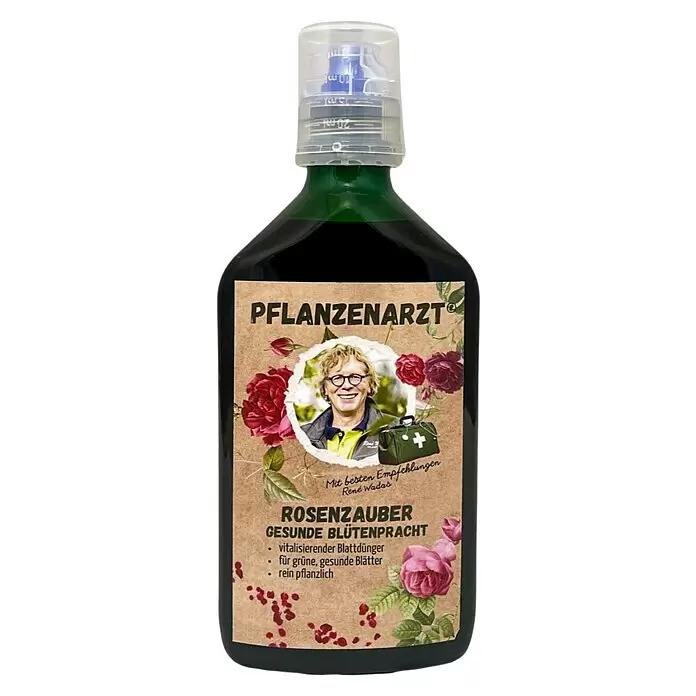 Schacht Pflanzenarzt Rosendünger Rosenzauber - 420 g, 350 ml - Dunkelgrüne Flasche Pflanzenarzt Rosenzauber Blattdünger mit Messkappe und René Wadas auf dem Etikett.