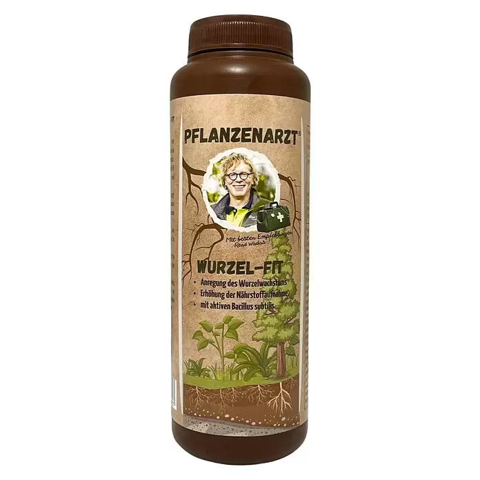 Schacht Pflanzenarzt Gartendünger - 900 g - Braune Flasche 'PFLANZENARZT WURZEL-FIT' zur Wurzelstimulation. Etikett zeigt Mann, Wurzeln und Pflanzen.