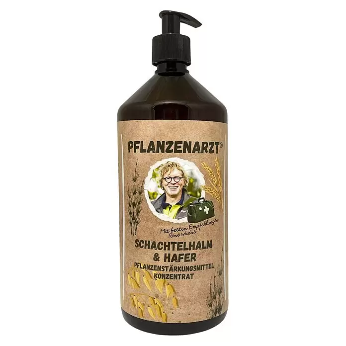 Schacht Pflanzenarzt Pflanzenstärkungsmittel Schachtelhalm & Hafer - 1 l - Dunkelbraune Flasche mit schwarzem Pumpspender und braunem Etikett für ein Pflanzenstärkungsmittel Konzentrat.