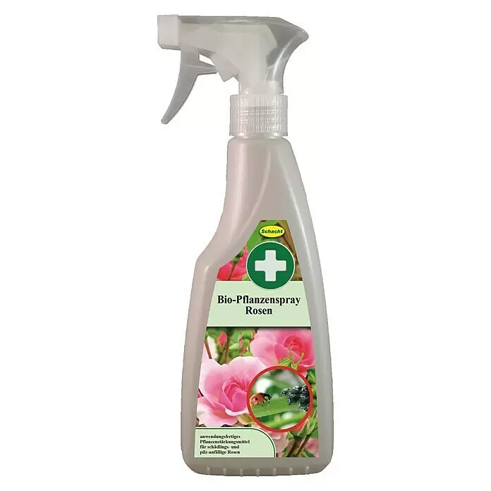 Schacht Rosenspritzmittel Bio Pflanzenspray - 500 ml - Opake weiße Kunststoff-Sprühflasche für Rosen, mit grünem Etikett, das pinke Rosen, einen Marienkäfer und Blattläuse zeigt.