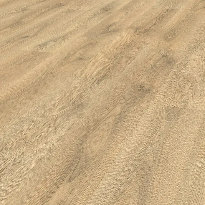 LOGOCLIC Laminat - Sierra Oak, Landhausdiele, 1.285 x 192 x 7 mm - Nahaufnahme eines hellen Laminatbodens mit natürlicher Holzmaserung, ideal für moderne Innenräume.
