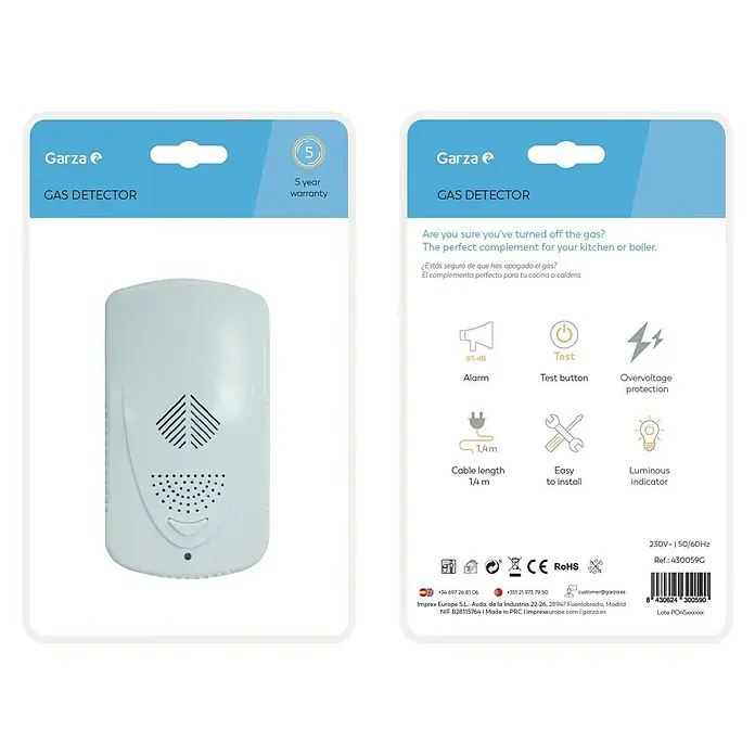 Garza Detector de gas IM109B - L x An x Al: 41 x 73 x 141 mm, Señal de alarma: 85 dB - Detector de gas Garza empaquetado con información de características y garantía, ideal para cocina o caldera.
