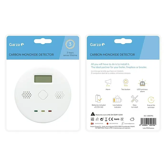 Garza Detector de monóxido de carbono 360º - Diámetro: 9,6 cm, Duración de batería: 5 años, Señal de alarma: 85 dB - Imagen del producto: Detector de monóxido de carbono Garza con 3 años de vida útil del sensor, incluye baterías e indicador de batería baja para seguridad.