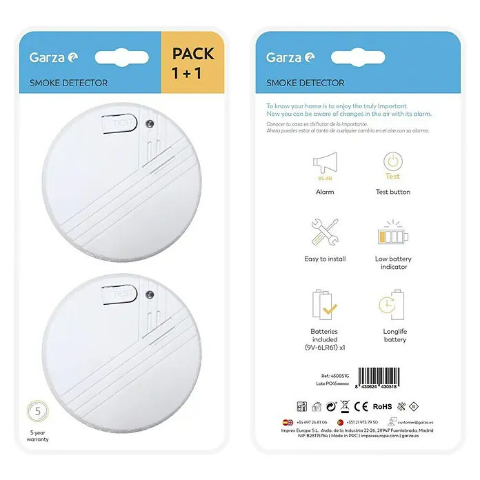 Garza Detector de humo Standart - Diámetro: 10,3 cm, Duración de batería: 5 años, Señal de alarma: 85 dB, 2 ud. - Pack doble de detectores de humo Garza, ofreciendo doble protección para tu hogar. Seguridad fiable con batería de larga duración y fácil instalación.