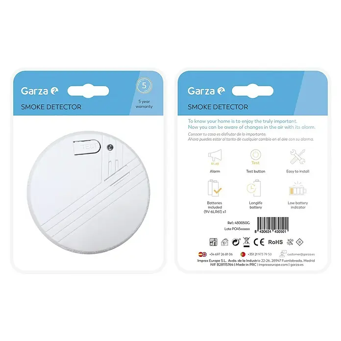 Garza Detector de humo Standart - Diámetro: 10,3 cm, Duración de batería: 5 años, Señal de alarma: 85 dB - Embalaje de un detector de humo Garza con información sobre funciones y garantía.