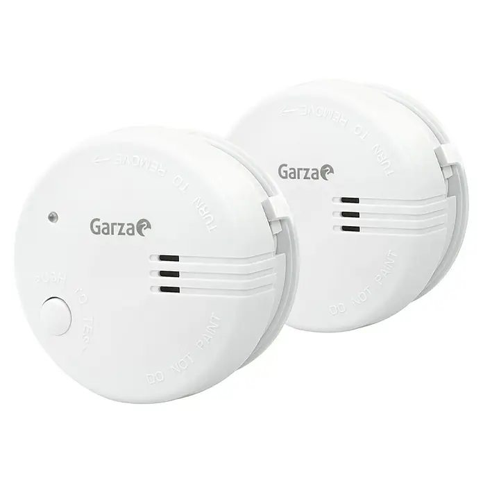 Garza Detector de humo Mini - Diámetro: 7,2 cm, Duración de batería: 5 años, Señal de alarma: 85 dB, 2 ud. - Dos detectores de humo blancos Garza que garantizan seguridad y protección en tu hogar.