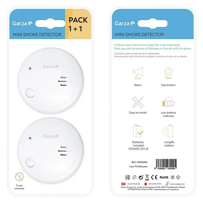 Garza Detector de humo Mini - Diámetro: 7,2 cm, Duración de batería: 5 años, Señal de alarma: 85 dB, 2 ud. - Paquete doble de mini detectores de humo de Garza para seguridad en el hogar. Batería de larga duración y fácil instalación.