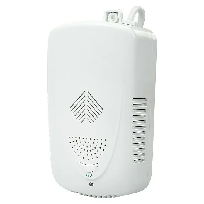 Garza Detector de gas IM109B - L x An x Al: 41 x 73 x 141 mm, Señal de alarma: 85 dB - Esta imagen muestra un detector de gas blanco con un botón de prueba, rejillas de ventilación y un lazo para colgar. Es un dispositivo de seguridad para hogares.