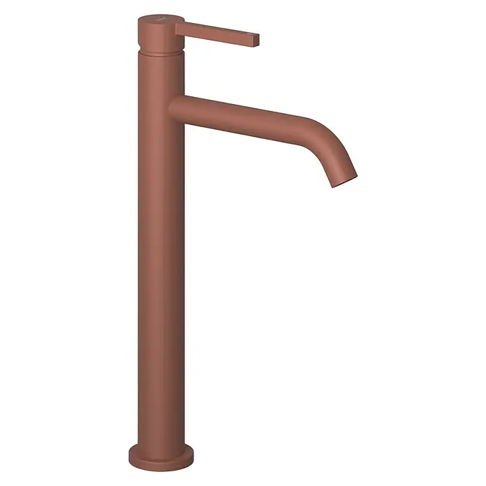 RAK Ceramics Feeling Waschtischarmatur - Vermillion Red, Matt, Höhe: 33,5 cm - Abbildung einer eleganten, hohen Armatur in Kupferoptik. Das Design ist minimalistisch und modern, ideal für ein stilvolles Badezimmer.