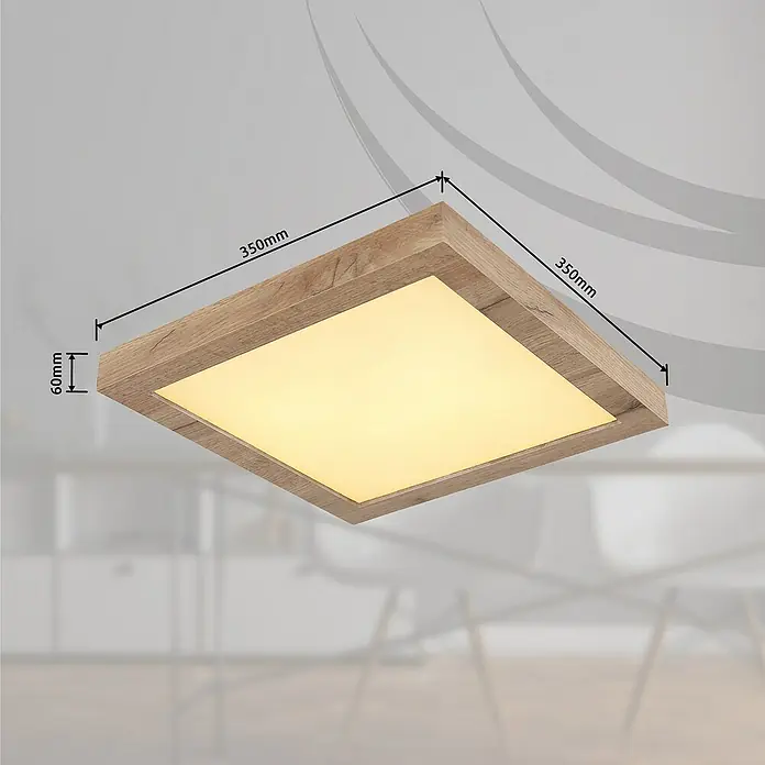 Globo LED-Deckenleuchte Xavvi - 16 W, Warmweiß, Braun, L x B x H: 35 x 35 x 6 cm - Nahaufnahme einer quadratischen LED-Deckenleuchte mit Holzrahmen. Abmessungen: 350mm x 350mm x 60mm.