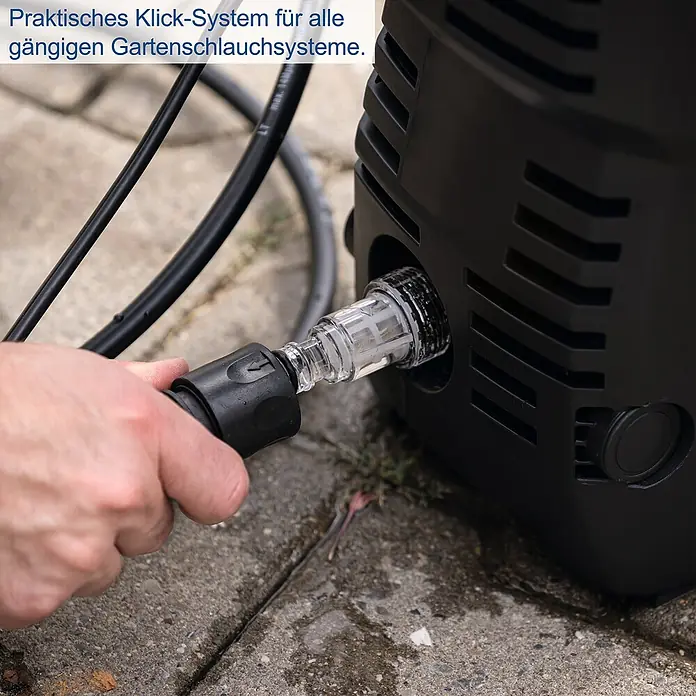 Scheppach Hidrolimpiadora de alta presión HPC1400 - 110 bar, 1.400 W, Capacidad de bombeo: 390 l/h - El práctico sistema de clic para todos los sistemas de mangueras de jardín comunes. Para una conexión rápida.