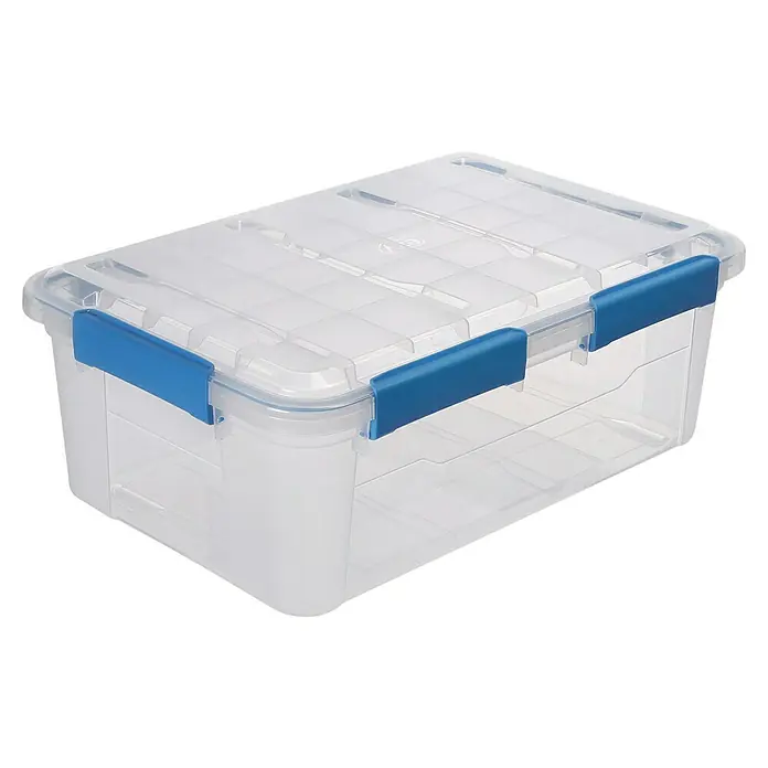 Aufbewahrungsbox Wasserdicht - L x B x H: 57,8 x 38,2 x 21,7 cm, Kunststoff, Transparent - Ein durchsichtiger Aufbewahrungsbehälter mit blauem Deckelverschluss, ideal zur Organisation von Gegenständen im Haushalt.