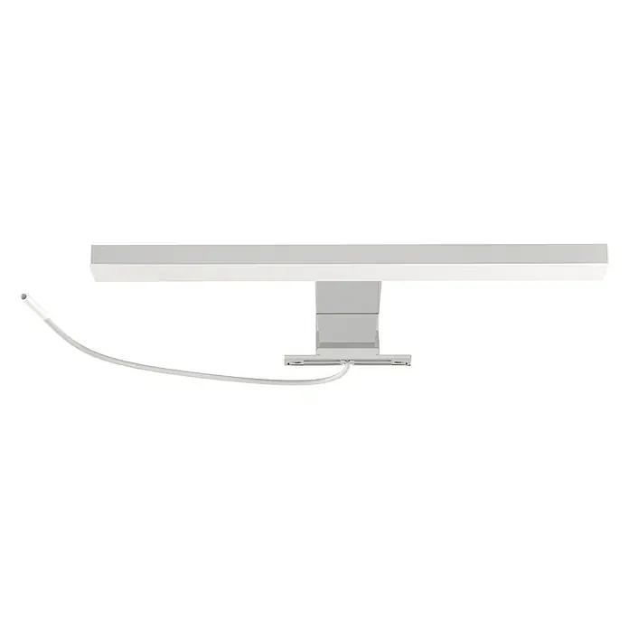 Camargue Espacio LED-Spiegelleuchte Lisa - 5 W, Chrom - Aufnahme eines minimalistischen, rechteckigen weißen Badezimmerspiegellichts mit Kabel, montiert über einem Spiegel.