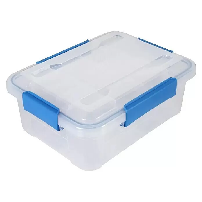 Aufbewahrungsbox Wasserdicht - L x B x H: 38,2 x 28,8 x 15,3 cm, Kunststoff, Transparent - Klare Plastik-Aufbewahrungsbox mit blauen Schnappverschlüssen zur sicheren Organisation.