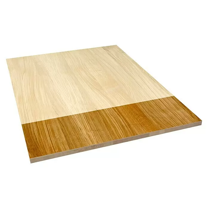 3-Schichtplatte Eiche massiv - Eiche, 900 x 600 x 20 mm - Holzplatte mit zwei Oberflächen: hellem Naturholz und dunkler gebeiztem Holz.