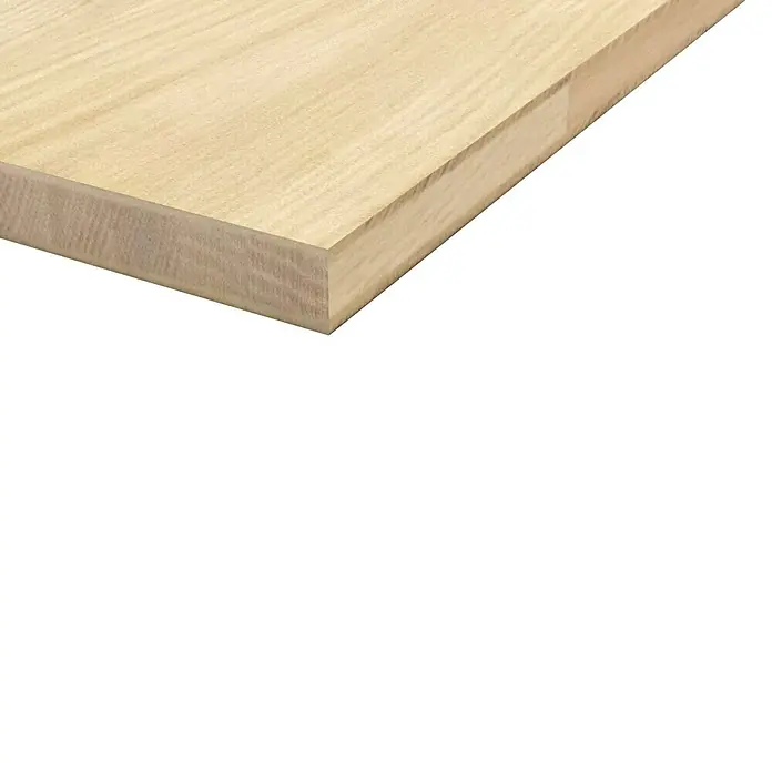 3-Schichtplatte Eiche massiv - Eiche, 900 x 600 x 20 mm - Nahaufnahme einer hellen Holzplatte mit deutlicher Maserung, ideal für Möbel oder Tischplatten.