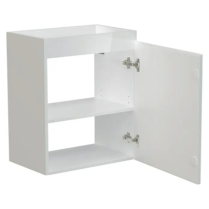 Camargue Espacio Waschtischunterschrank - 50 x 33 x 60 cm, Gama weiß glänzend - Dieser Artikel zeigt einen weißen, offenen Wandschrank mit einem Einlegeboden und einer glänzenden Oberfläche. Ideal für moderne Badezimmer.