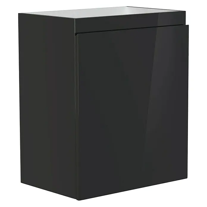 Camargue Espacio Waschtischunterschrank - 50 x 33 x 60 cm, Gama anthrazit glänzend - Eine moderne schwarze Badmöbel-Waschtischkombination mit glatter Oberfläche und weißer Ablage für ein stilvolles Badezimmerdesign.