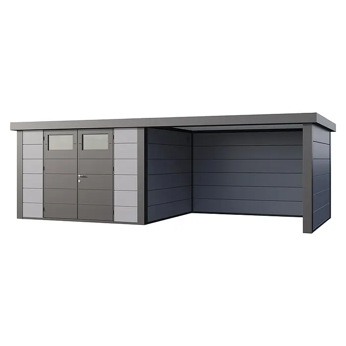 Telluria Metallgerätehaus Classico 3330 mit Lounge L rechts inkl. Elektro-Set - Außenmaß inkl. Dachüberstand (B x T): 692 x 318 cm, Stahl, Lichtgrau/Anthrazit, Inkl. Innenwandverkleidung & Elektro-Set - Moderne, graue Gerätehaus-Überdachung mit abschließbarer Tür und seitlichem Unterstand für zusätzlichen Stauraum im Außenbereich.
