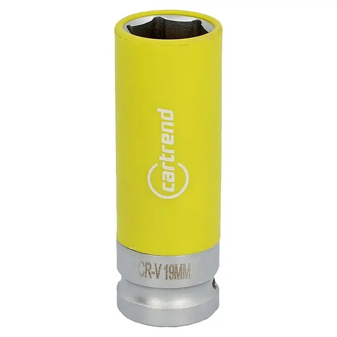 Cartrend Steckschlüssel-Set - Gesamtumfang: 4 -tlg. - Gelber Schlagschrauber-Einsatz der Marke Cartrend mit der Aufschrift CR-V 19mm. Ideal für Arbeiten an Reifen und Radmuttern.