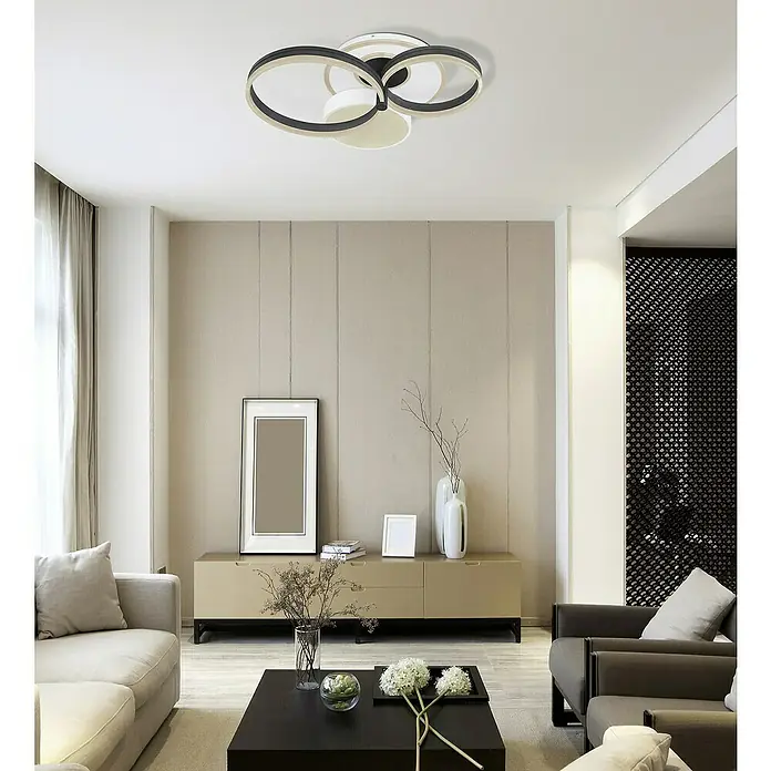 Globo LED-Deckenleuchte Jack - 48 W, Schwarz/Weiß, Warmweiß, L x B x H: 690 x 590 x 160 mm - Deckenleuchte mit modernem Design, bestehend aus mehreren ineinandergreifenden Ringen in Schwarz, Weiß und Beige, die ein stilvolles Ambiente schafft.