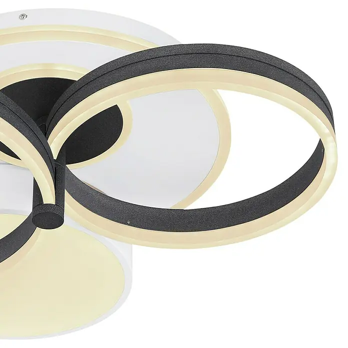 Globo LED-Deckenleuchte Jack - 48 W, Schwarz/Weiß, Warmweiß, L x B x H: 690 x 590 x 160 mm - Nahaufnahme einer modernen LED-Deckenleuchte mit einem stilvollen Design aus Ringen und Kreisen in Schwarz und Weiß.