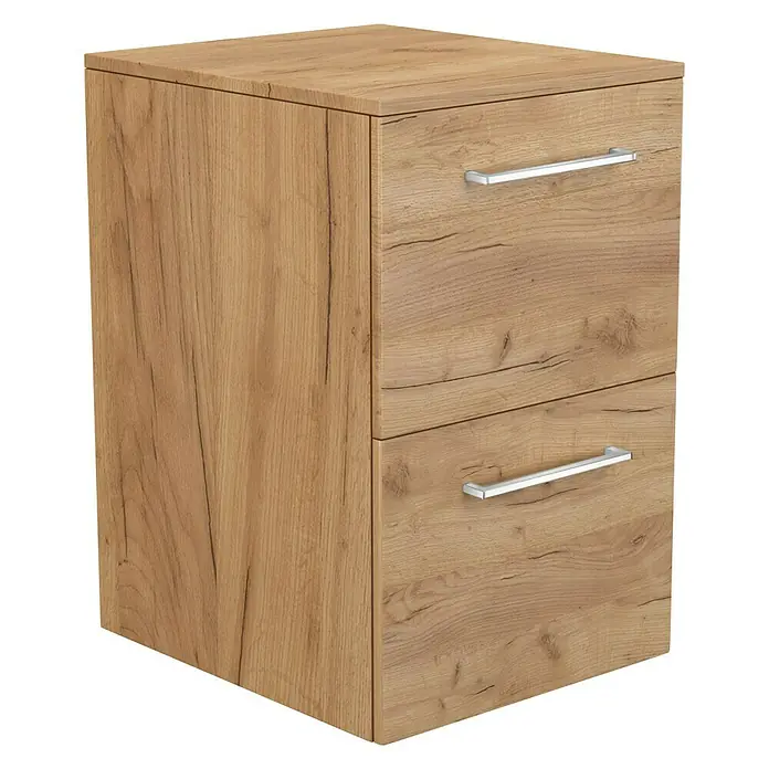Camargue Espacio Unterschrank - 40 x 46 x 60 cm, Doce - Holzfarbener Badezimmerschrank mit zwei Schubladen und silbernen Griffen. Ideal für mehr Stauraum im Bad.