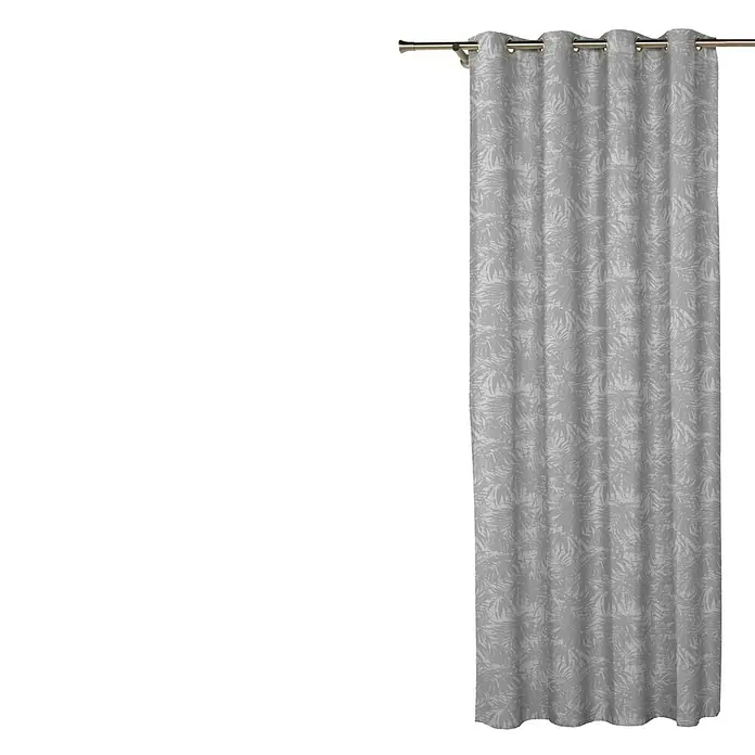 Cortina con ollaos Triana - An x Al: 140 x 270 cm, Gris - Una cortina gris con un estampado de hojas cuelga de una barra de cortina dorada. Es un elemento decorativo y funcional para cualquier habitación.