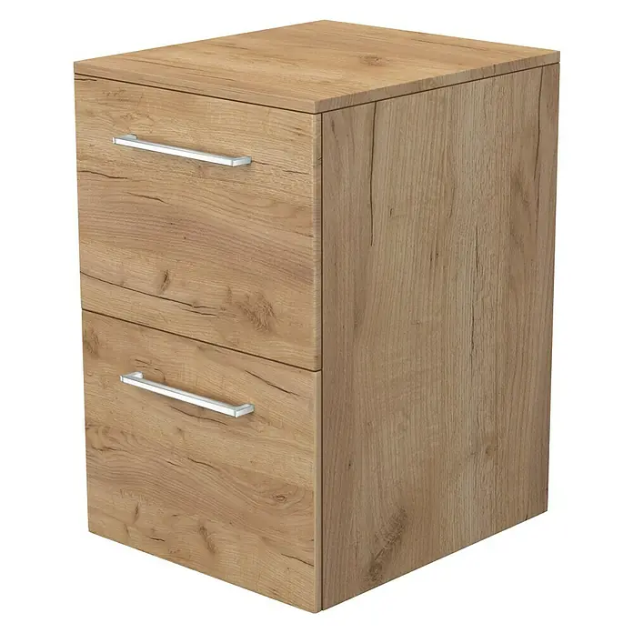 Camargue Espacio Unterschrank - 40 x 46 x 60 cm, Doce - Ein Holzschrank mit zwei Schubladen und silberfarbenen Griffen ist vor einem schwarzen Hintergrund abgebildet.