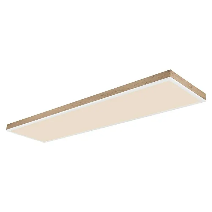Globo LED-Deckenleuchte Doro - 36 W, L x B x H: 120 x 30 x 7,5 cm, Weiß, Holzoptik, Neutralweiß - Holzumrandete Deckenleuchte mit cremefarbenem, rechteckigem Leuchtpaneel für eine stilvolle und moderne Beleuchtung im Raum.