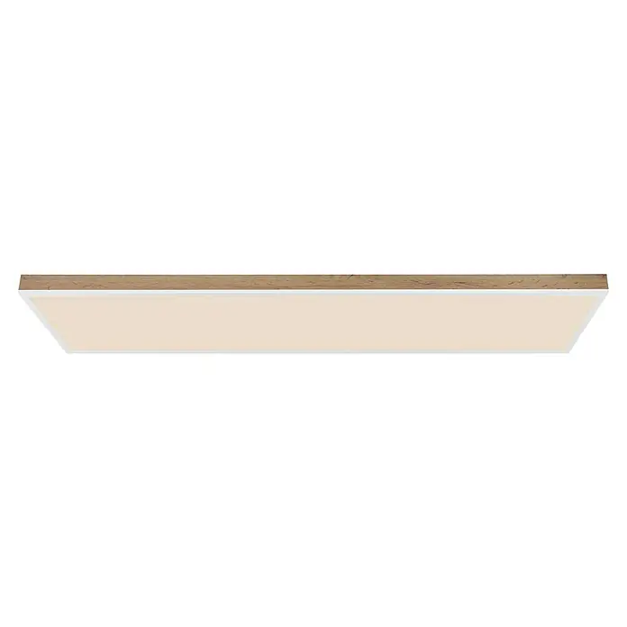 Globo LED-Deckenleuchte Doro - 36 W, L x B x H: 120 x 30 x 7,5 cm, Weiß, Holzoptik, Neutralweiß - Ein helles, rechteckiges Paneel, eingefasst in einen weißen Rahmen, gekrönt von einem rustikalen, hölzernen Oberteil, ideal für stilvolle Beleuchtung.