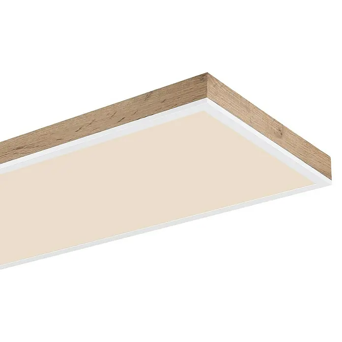 Globo LED-Deckenleuchte Doro - 36 W, L x B x H: 120 x 30 x 7,5 cm, Weiß, Holzoptik, Neutralweiß - Nahaufnahme einer modernen LED-Deckenleuchte mit Holzrahmen und warmweißem Licht.