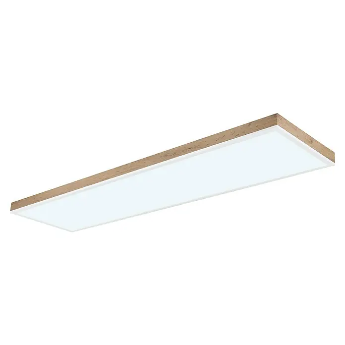 Globo LED-Deckenleuchte Doro - 36 W, L x B x H: 120 x 30 x 7,5 cm, Weiß, Holzoptik, Neutralweiß - Diese Nahaufnahme zeigt eine rechteckige LED-Deckenleuchte mit Holzrahmen. Die Lampe strahlt helles, gleichmäßiges Licht in den Raum.