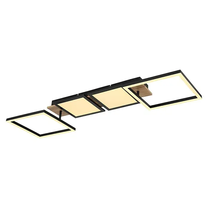 Globo LED-Deckenleuchte Bossy - 36 W, L x B x H: 100 x 27 x 11 cm, Schwarz/Holzoptik, Warmweiß - Moderne LED-Deckenleuchte mit quadratischen Formen, schwarzem Rahmen und Holzdetails für stilvolle Beleuchtung im Raum.