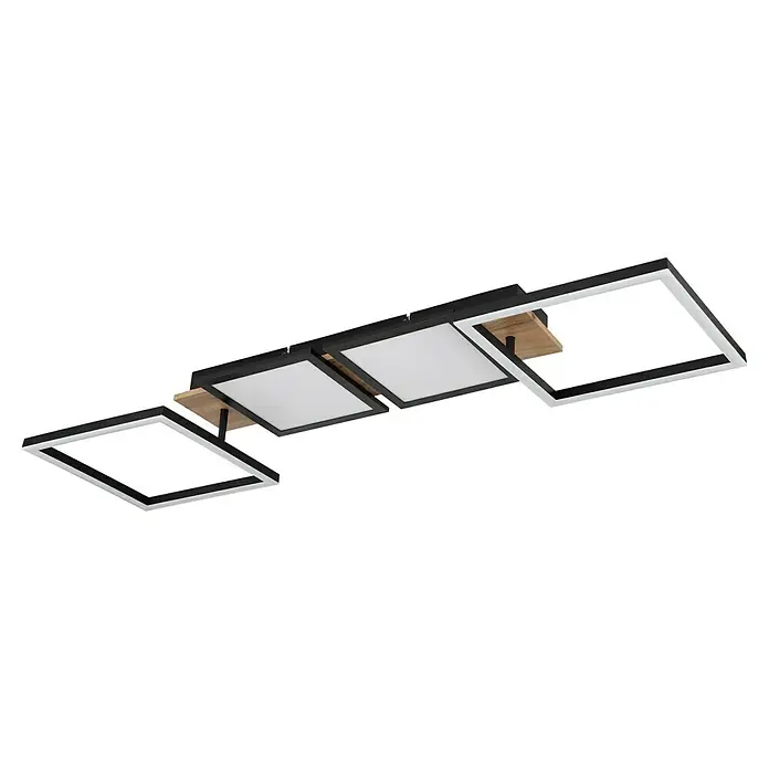 Globo LED-Deckenleuchte Bossy - 36 W, L x B x H: 100 x 27 x 11 cm, Schwarz/Holzoptik, Warmweiß - Deckenleuchte mit quadratischen Lampenschirmen und Holzdetails.