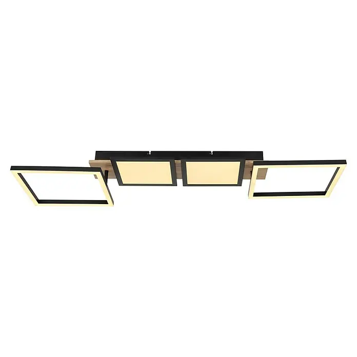 Globo LED-Deckenleuchte Bossy - 36 W, L x B x H: 100 x 27 x 11 cm, Schwarz/Holzoptik, Warmweiß - Eine Deckenleuchte mit zwei quadratischen Lampen in der Mitte und zwei trapezförmigen Lampen an den Seiten, ideal für moderne Räume.