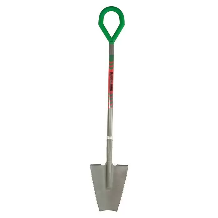Starlyf Multifunktionsspaten Root Digger - 114 cm, Stahl - Grüne D-Griff-Schaufel mit grauem Schaft, rot-grünen Mustern und gezahnter grauer Kelle, beschriftet mit 'ROOT DIGGER'.