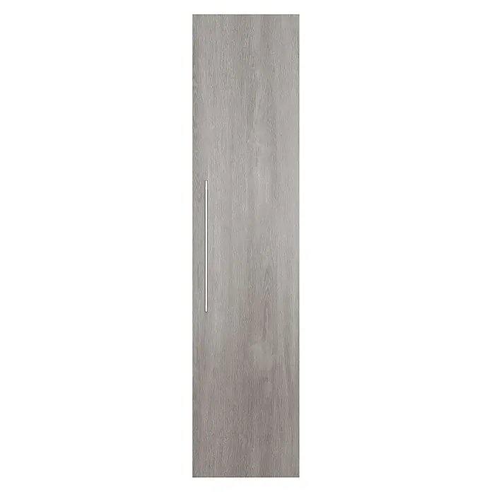 Camargue Espacio Hochschrank - 40 x 17 x 170 cm, Farbe Griff: Chrom, Faro - Eine elegante graue Tür mit vertikalem, silbernem Griff, perfekt für moderne Innenräume. Das schlichte Design verleiht jedem Raum eine stilvolle Note.