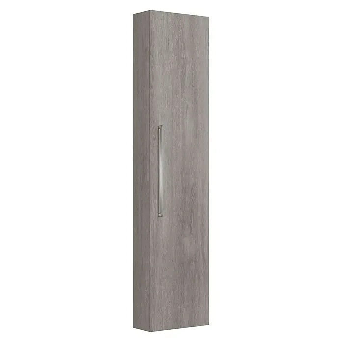Camargue Espacio Hochschrank - 40 x 17 x 170 cm, Farbe Griff: Chrom, Faro - Grauer Hängeschrank mit vertikalem Griff. Der Schrank hat eine Holzstruktur und ist ideal für Badezimmer oder andere Räume.