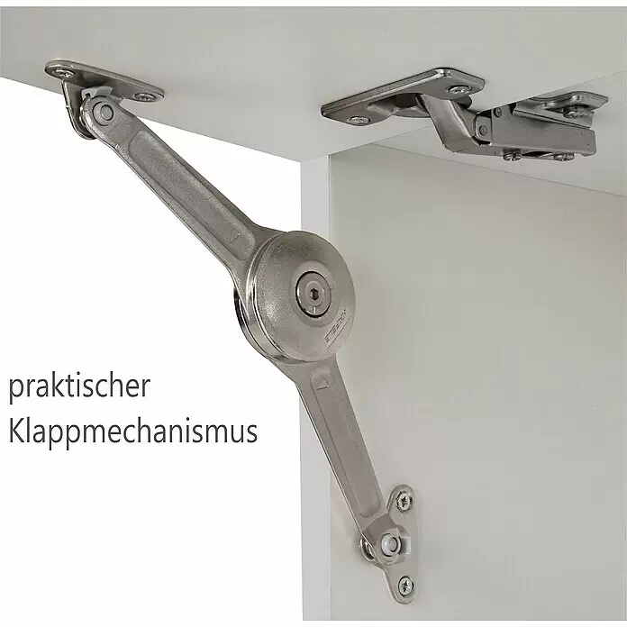 Held Möbel Winkelküche Barolo Typ 4 - B x T: 210 x 270 cm, Farbe Front: Weiß, Wotaneiche, Mit Elektrogeräten - Silberfarbener Metall-Klappmechanismus für Schranktüren, mit einem Standardscharnier.