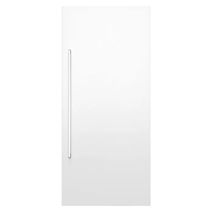 Camargue Espacio Hängeschrank - 40 x 17 x 90 cm, Farbe Griff: Chrom, Mira - Nahaufnahme einer modernen, weißen Tür mit einem eleganten, vertikalen Griff. Das minimalistische Design betont die klaren Linien.