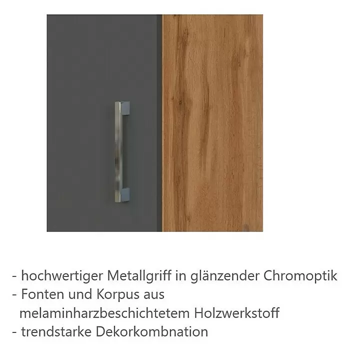 Held Möbel Küchenzeile Barolo Typ 8 - Breite: 360 cm, Anthrazit, Farbe Korpus: Wotaneiche, Mit Elektrogeräten - Zweifarbiger Schrank mit dunkelgrauer Tür, Chromgriff und Holzdekor-Paneel. Melaminbeschichtetes Holz.