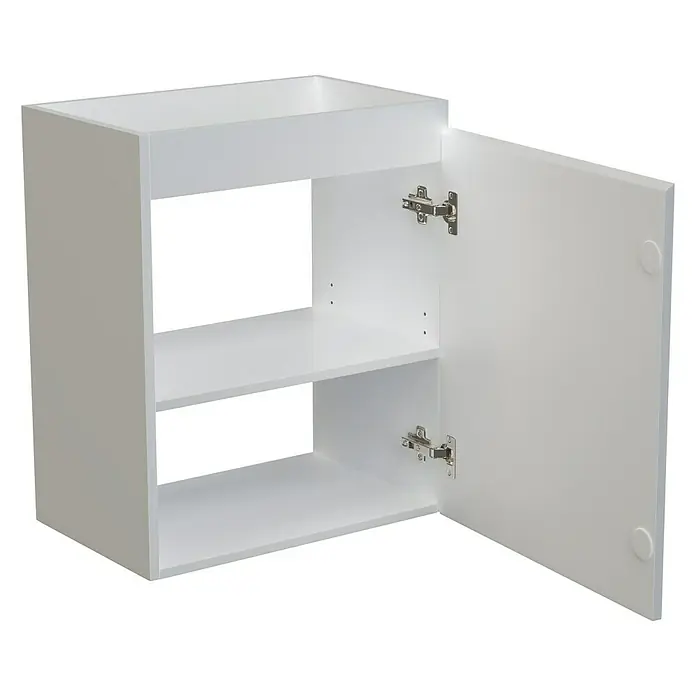 Camargue Espacio Waschtischunterschrank - 50 x 33 x 60 cm, Gama weiß matt - Ein weißer Wandschrank mit offener Tür, der zwei Regale im Inneren zeigt und viel Stauraum bietet. Ideal für Badezimmer oder Küche.