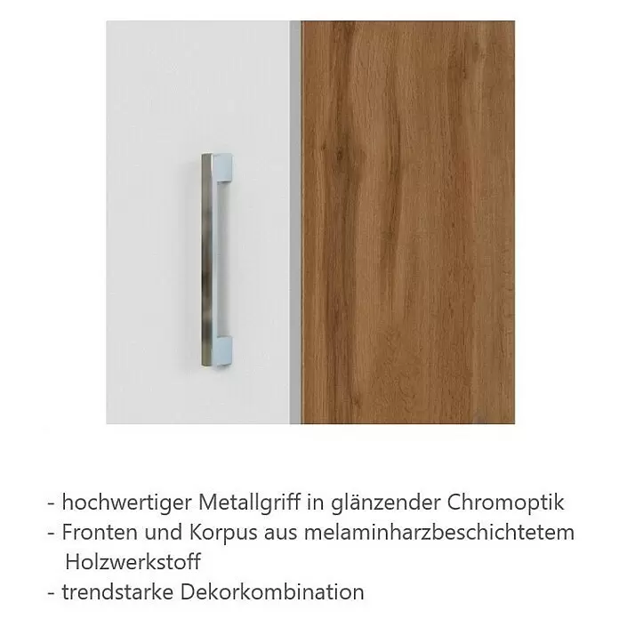 Held Möbel Winkelküche Barolo Typ 4 - B x T: 210 x 270 cm, Farbe Front: Weiß, Wotaneiche, Mit Elektrogeräten - Weiße Schranktür mit glänzendem Chromgriff und brauner Holzdekor-Seitenwand.